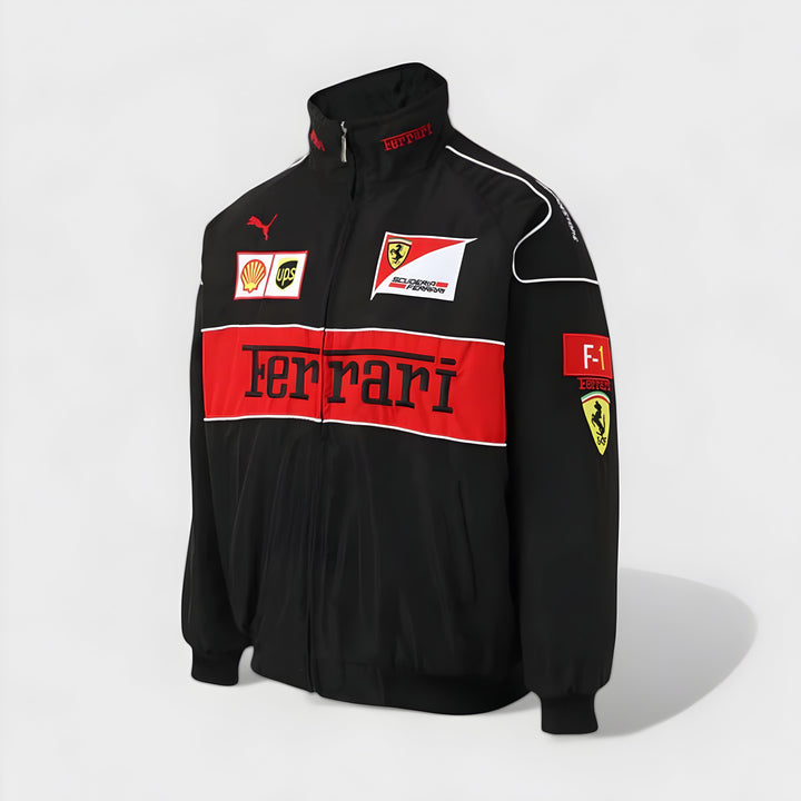 Vintage unisex racing jacket with bold Ferrari logo, available in black, red, and white-red; combines style and comfort.