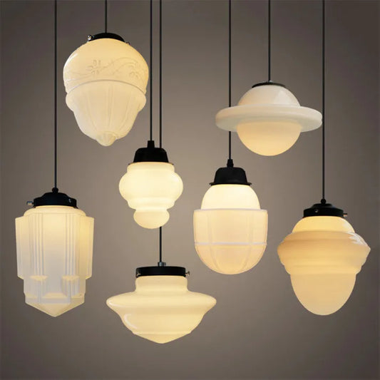 "Vintage white milk glass pendant light with geometric jar design in pristine white, perfect for various decor styles."