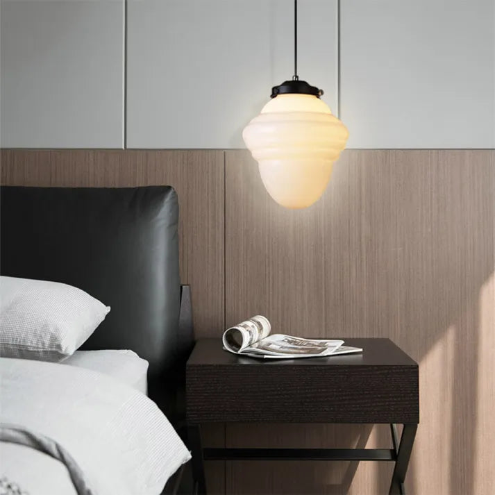 "Vintage white milk glass pendant light with geometric jar design in pristine white, perfect for various decor styles."