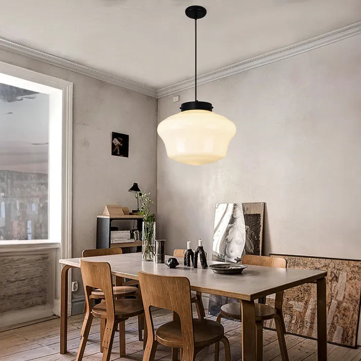"Vintage white milk glass pendant light with geometric jar design in pristine white, perfect for various decor styles."