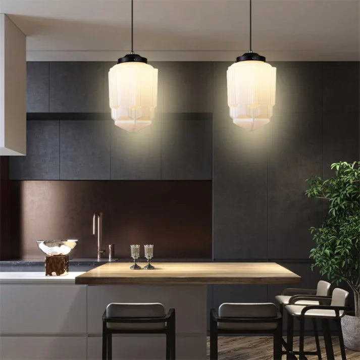 "Vintage white milk glass pendant light with geometric jar design in pristine white, perfect for various decor styles."