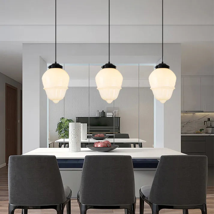 "Vintage white milk glass pendant light with geometric jar design in pristine white, perfect for various decor styles."