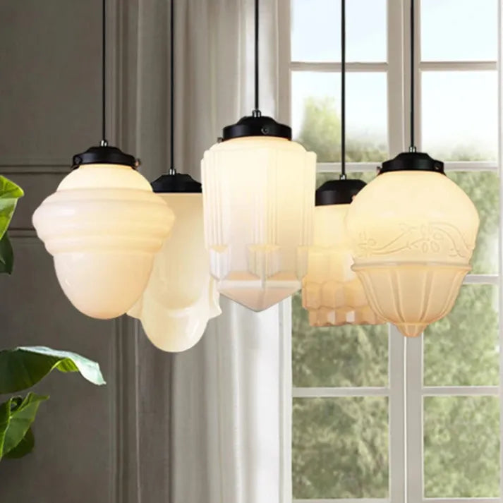 "Vintage white milk glass pendant light with geometric jar design in pristine white, perfect for various decor styles."