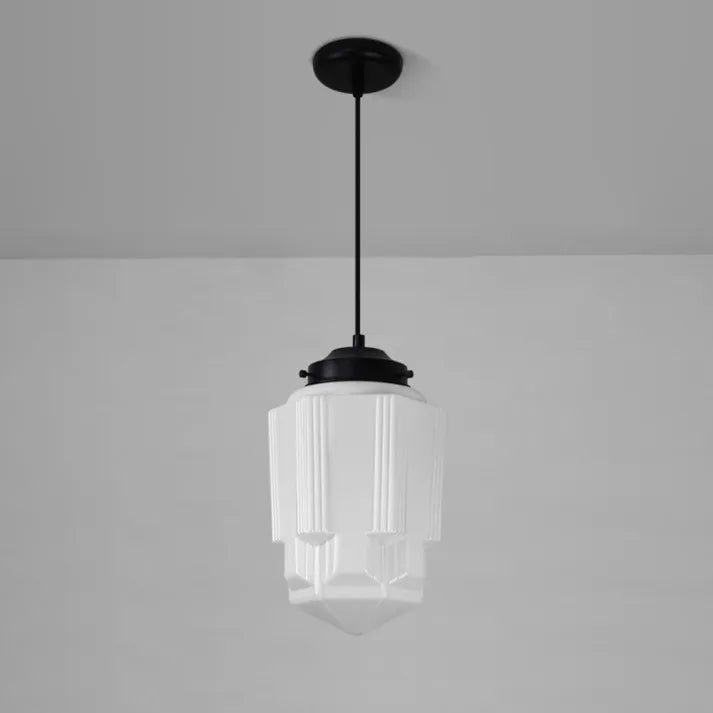 "Vintage white milk glass pendant light with geometric jar design in pristine white, perfect for various decor styles."