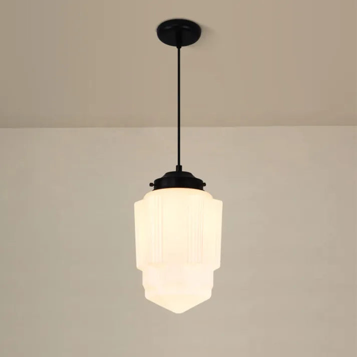 "Vintage white milk glass pendant light with geometric jar design in pristine white, perfect for various decor styles."