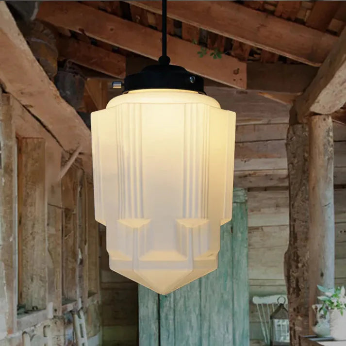 "Vintage white milk glass pendant light with geometric jar design in pristine white, perfect for various decor styles."