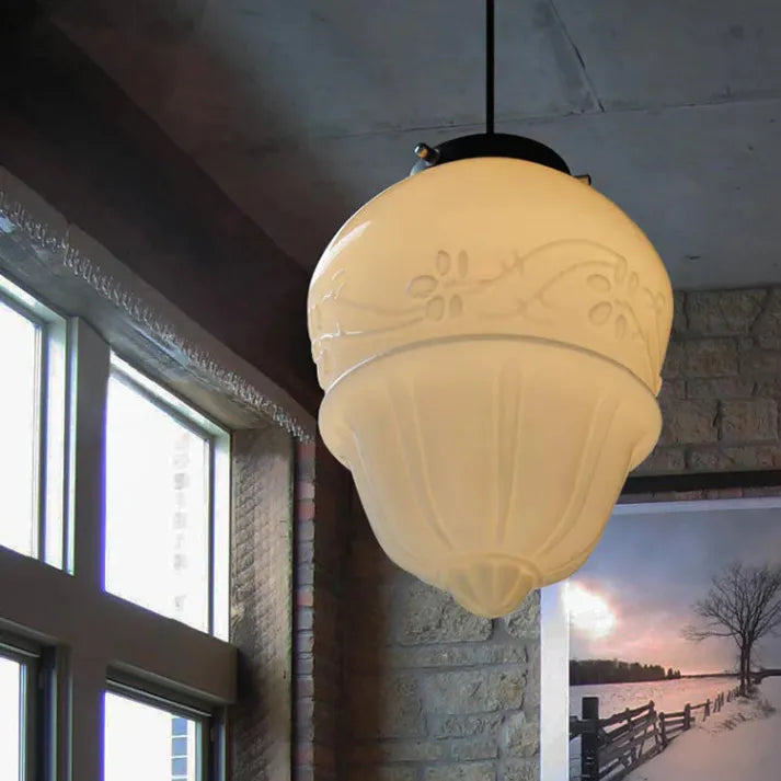 "Vintage white milk glass pendant light with geometric jar design in pristine white, perfect for various decor styles."
