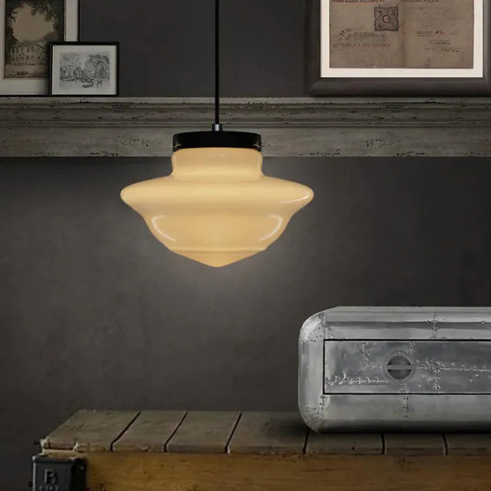 "Vintage white milk glass pendant light with geometric jar design in pristine white, perfect for various decor styles."