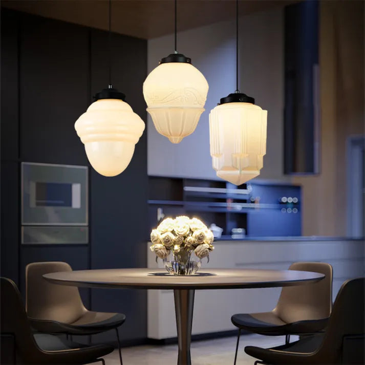 "Vintage white milk glass pendant light with geometric jar design in pristine white, perfect for various decor styles."