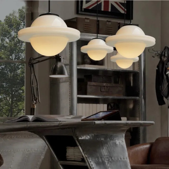 "Vintage white milk glass pendant light with geometric jar design in pristine white, perfect for various decor styles."