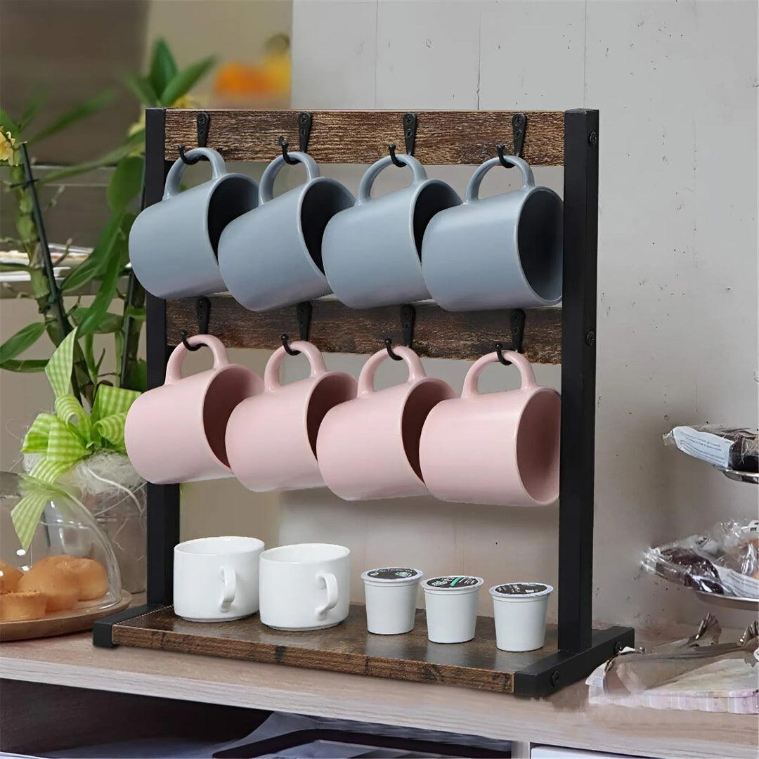 Vintage wooden mug stand with 16-hook, 2-tier design, displays various mugs, space-saving, rustic, ideal for kitchen decor.