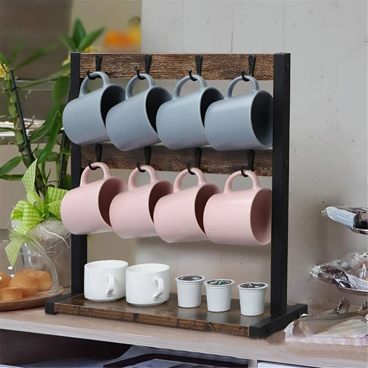Vintage wooden mug stand with 16-hook, 2-tier design, displays various mugs, space-saving, rustic, ideal for kitchen decor.