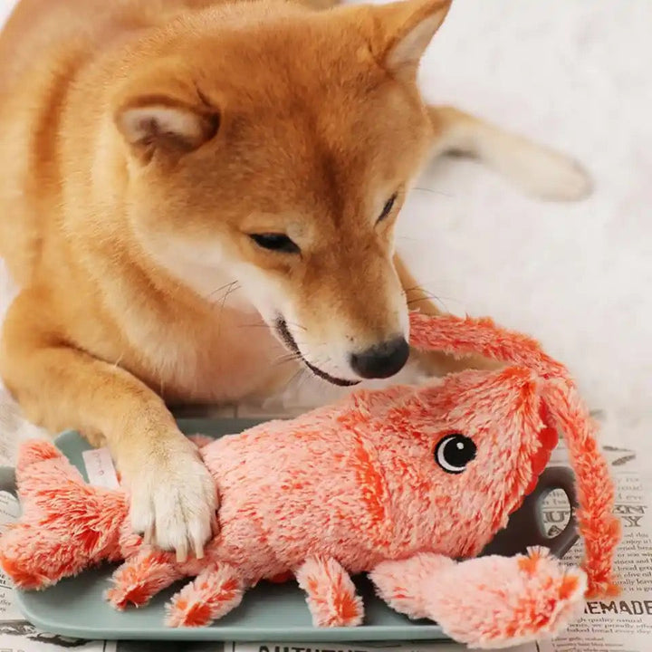 Vividly designed interactive lobster dog toy, bright colors, engages pets with safe, durable material for exciting playtime.