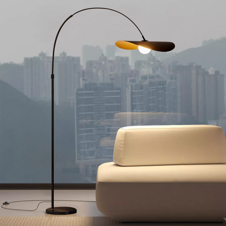 "Wabi Sabi Floor Lamp, iron and acrylic design, handcrafted, emits ambient light, adjustable height for home decoration."