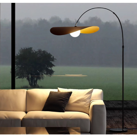 "Wabi Sabi Floor Lamp, iron and acrylic design, handcrafted, emits ambient light, adjustable height for home decoration."