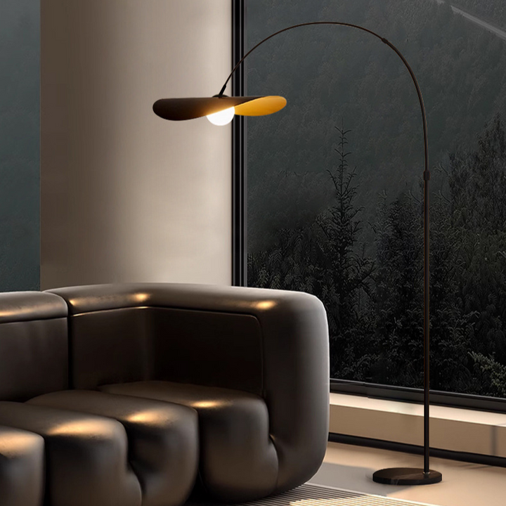 "Wabi Sabi Floor Lamp, iron and acrylic design, handcrafted, emits ambient light, adjustable height for home decoration."