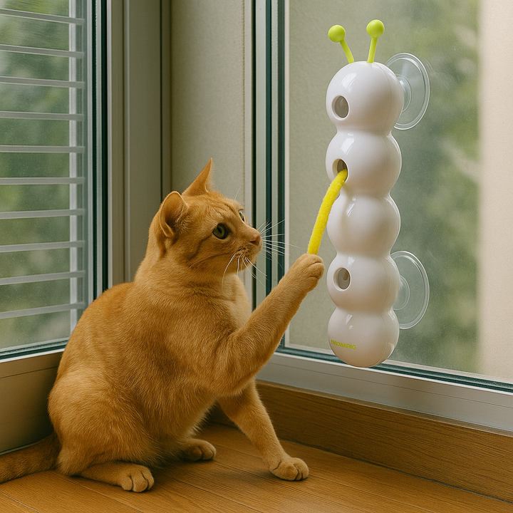 Wall-mounted cat toy with smart motion and worm-like movements, perfect for stimulating play and exercise in compact spaces.