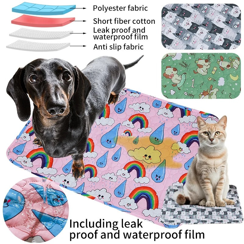 "Washable eco-friendly pet pee pad, super absorbent and reusable, shown on colorful background with paw print design."