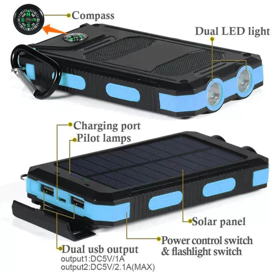 Waterproof 500000mAh solar power bank with dual USB ports, rugged design, ideal for outdoor use and charging devices on the g
