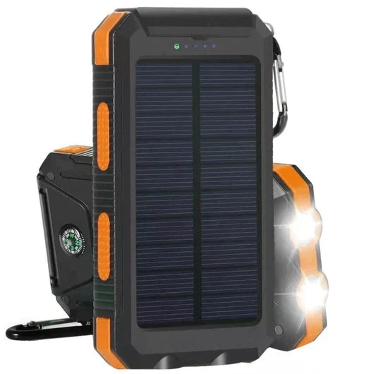 Waterproof 500000mAh solar power bank with dual USB ports, rugged design, ideal for outdoor use and charging devices on the g