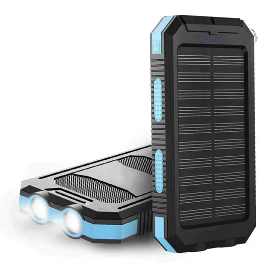 Waterproof 500000mAh solar power bank with dual USB ports, rugged design, ideal for outdoor use and charging devices on the g