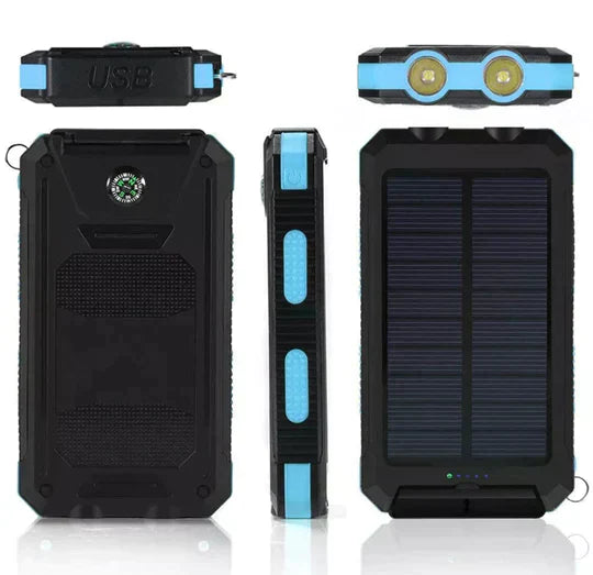 Waterproof 500000mAh solar power bank with dual USB ports, rugged design, ideal for outdoor use and charging devices on the g