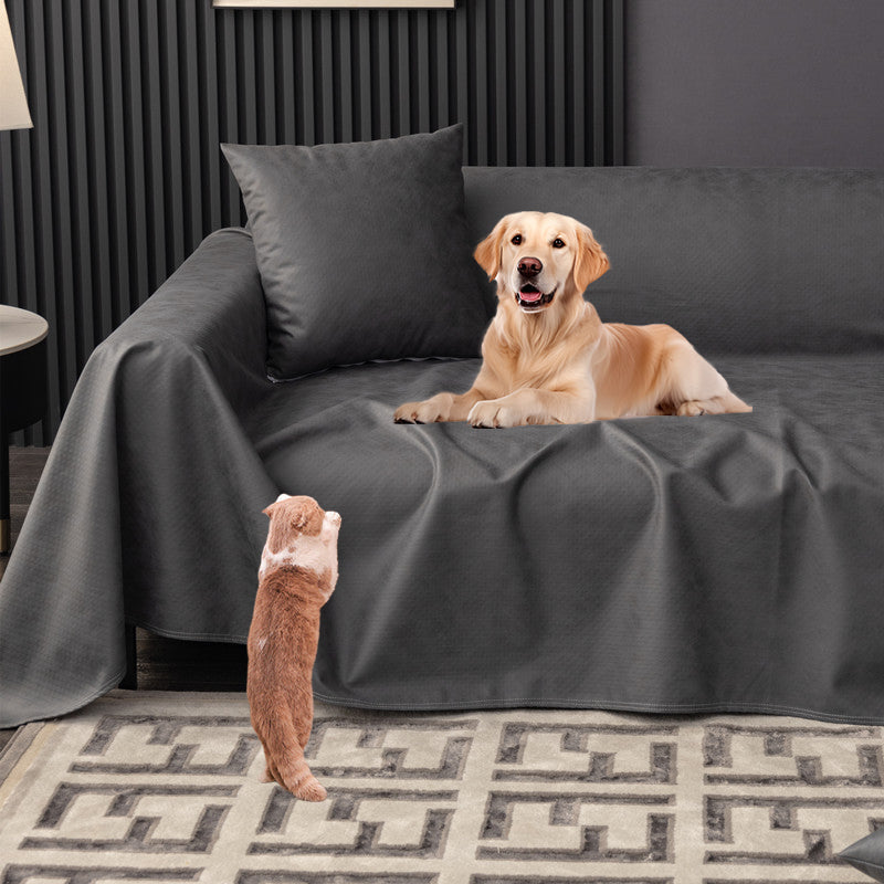 "Waterproof anti-scratch sofa cover in beige, ideal for pet owners, showcasing durable fabric and anti-slip backing."