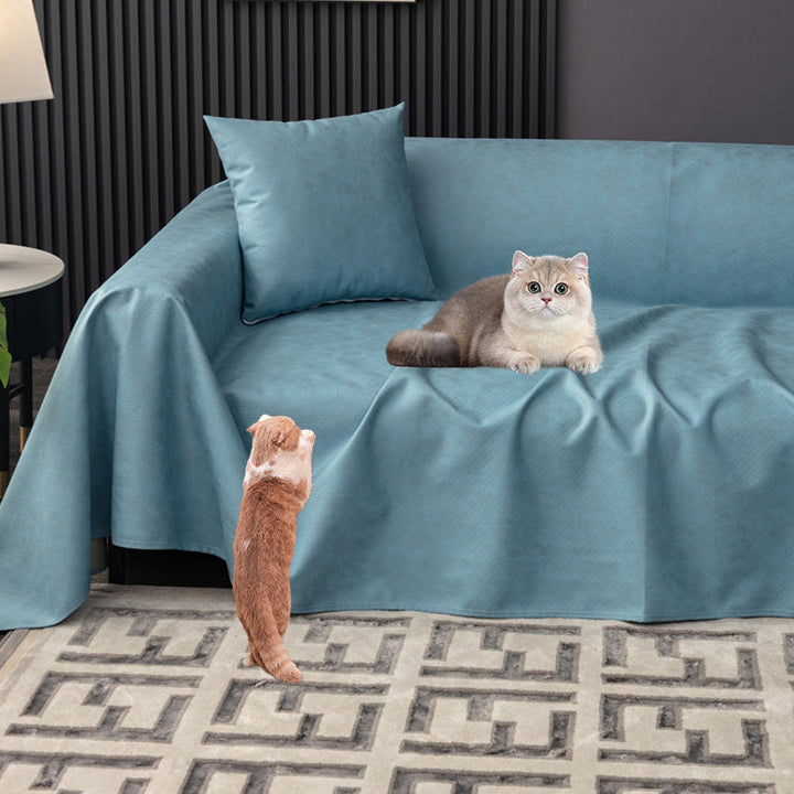 "Waterproof anti-scratch sofa cover in beige, ideal for pet owners, showcasing durable fabric and anti-slip backing."