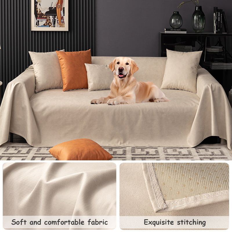 "Waterproof anti-scratch sofa cover in beige, ideal for pet owners, showcasing durable fabric and anti-slip backing."