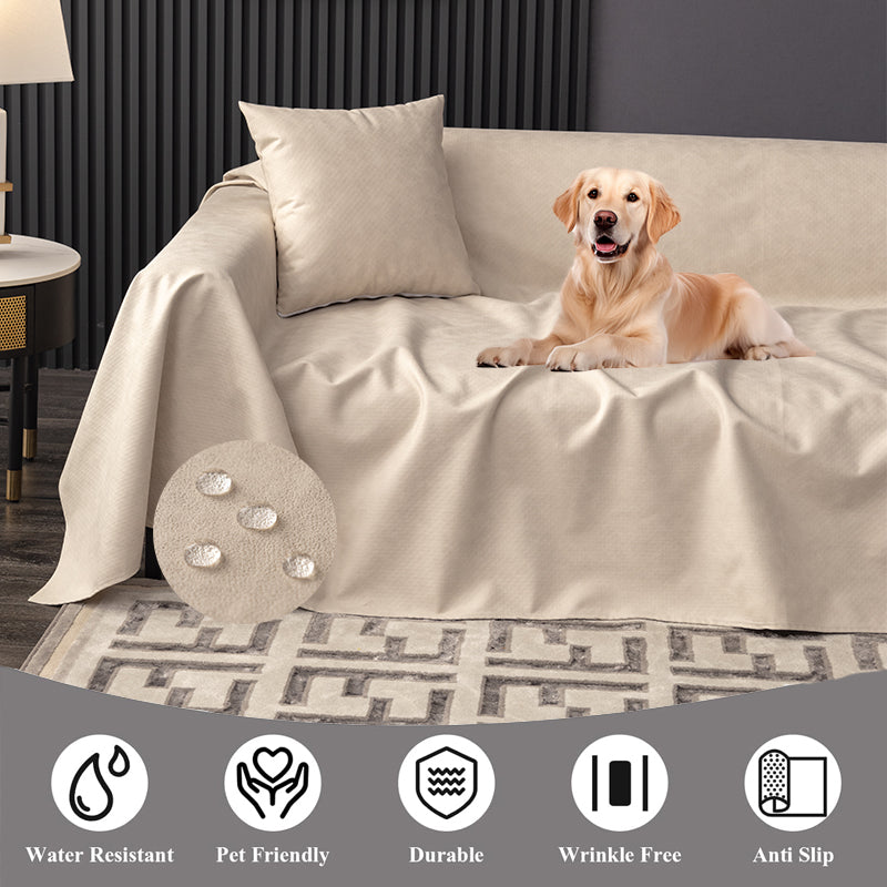 "Waterproof anti-scratch sofa cover in beige, ideal for pet owners, showcasing durable fabric and anti-slip backing."