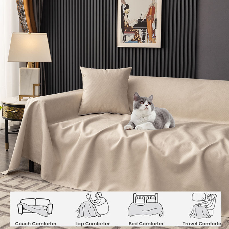 "Waterproof anti-scratch sofa cover in beige, ideal for pet owners, showcasing durable fabric and anti-slip backing."