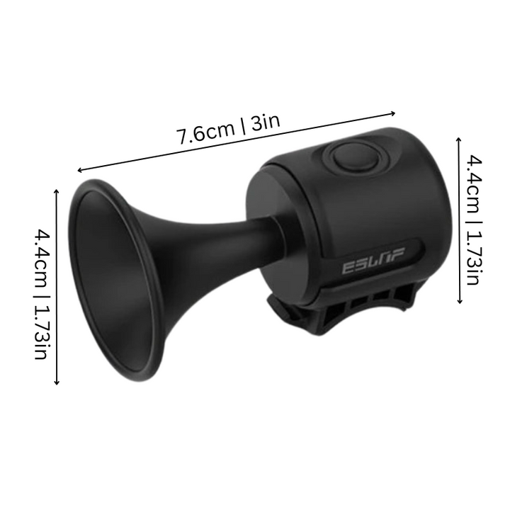 "Waterproof bike horn with sleek design, 120dB blast for maximum safety, available in black, blue, and red, ideal for cyclist