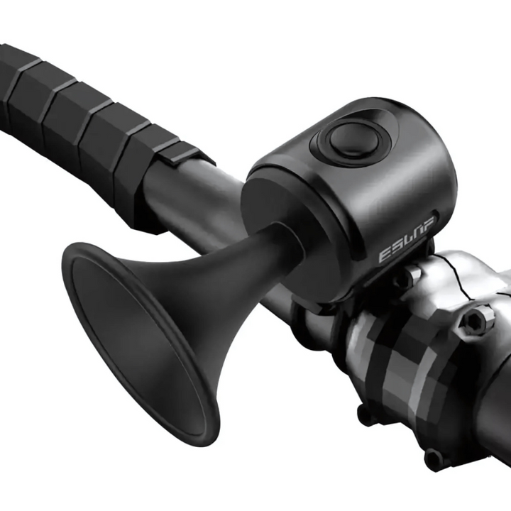 "Waterproof bike horn with sleek design, 120dB blast for maximum safety, available in black, blue, and red, ideal for cyclist