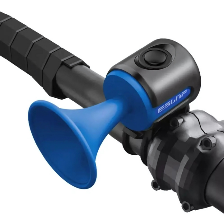 "Waterproof bike horn with sleek design, 120dB blast for maximum safety, available in black, blue, and red, ideal for cyclist
