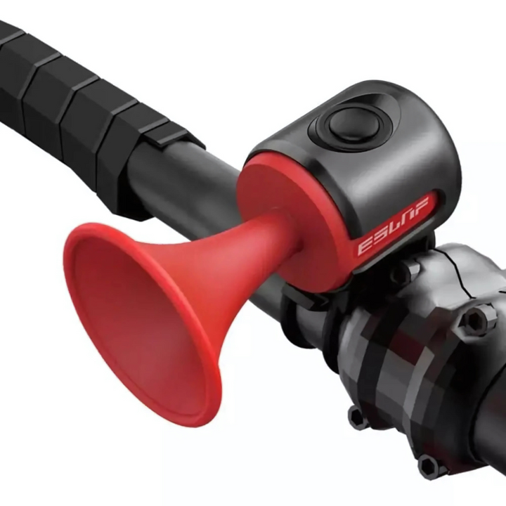 "Waterproof bike horn with sleek design, 120dB blast for maximum safety, available in black, blue, and red, ideal for cyclist