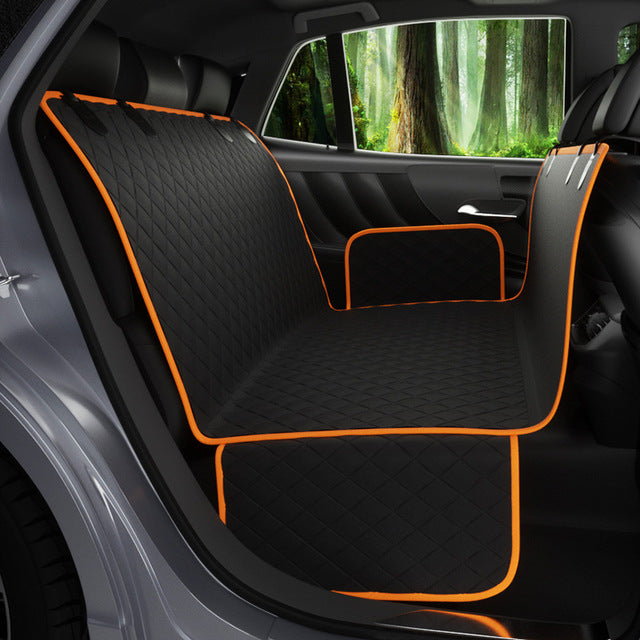 "Waterproof dog car seat cover, hammock style in black; protects car from dirt, scratches; fits any backseat securely."