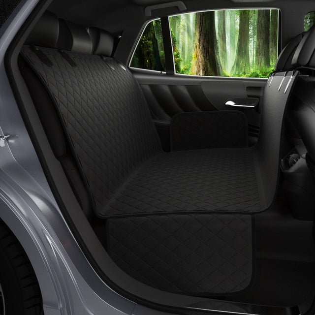"Waterproof dog car seat cover, hammock style in black; protects car from dirt, scratches; fits any backseat securely."