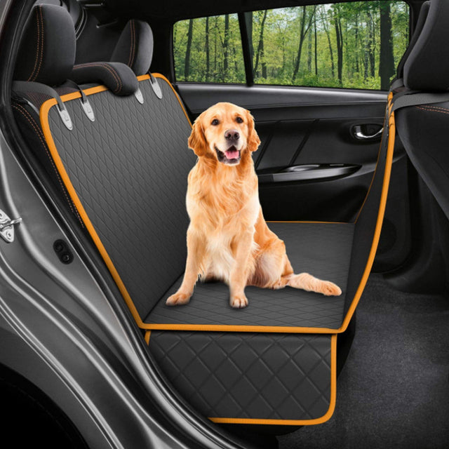 "Waterproof dog car seat cover, hammock style in black; protects car from dirt, scratches; fits any backseat securely."
