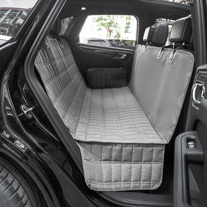 "Waterproof dog car seat cover with mesh window, black, universal fit, breathable and durable for comfortable pet travel."