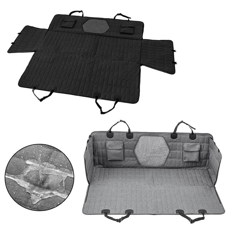 "Waterproof dog car seat cover with mesh window, black, universal fit, breathable and durable for comfortable pet travel."