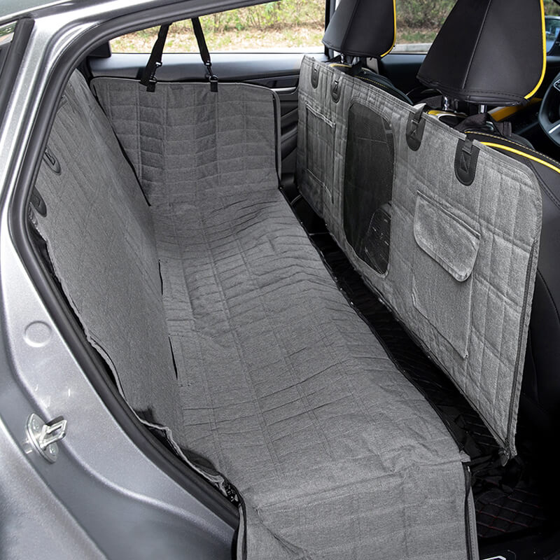 "Waterproof dog car seat cover with mesh window, black, universal fit, breathable and durable for comfortable pet travel."