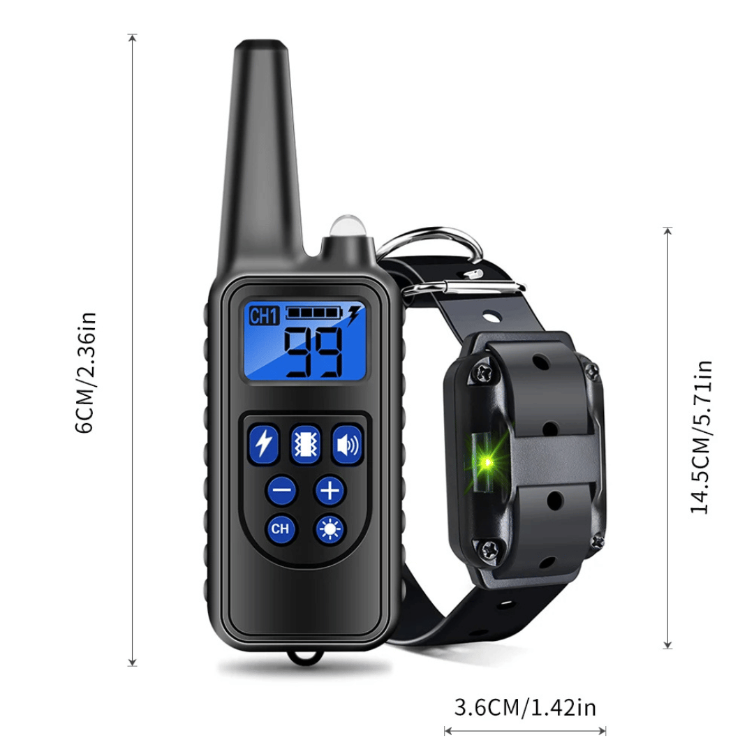 "Waterproof dog training collar with remote, adjustable fit, black color, suitable for pets, features buttons for control."