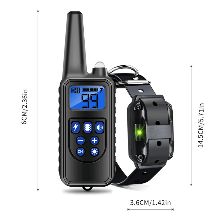 "Waterproof dog training collar with remote, adjustable fit, black color, suitable for pets, features buttons for control."