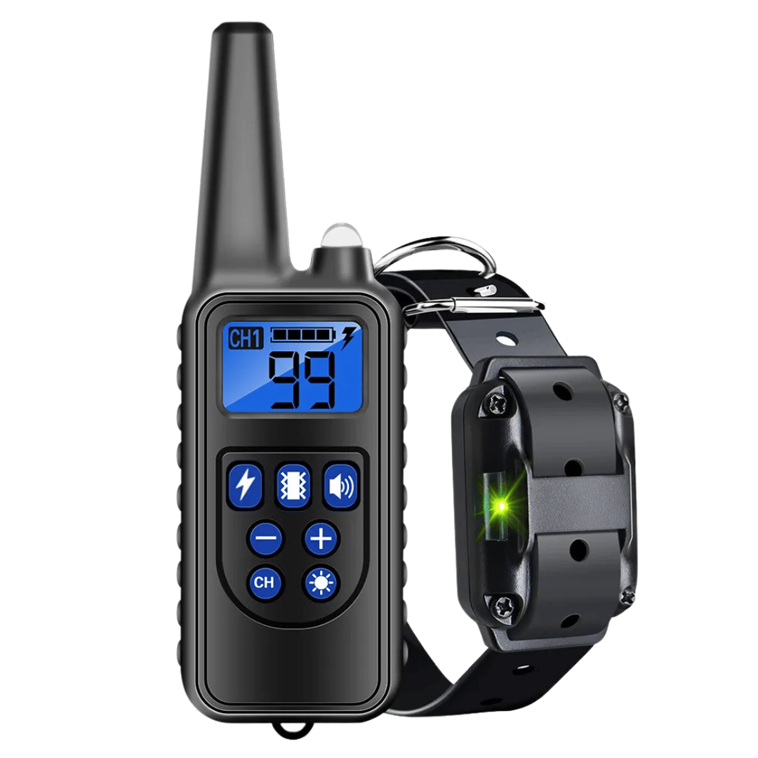 "Waterproof dog training collar with remote, adjustable fit, black color, suitable for pets, features buttons for control."