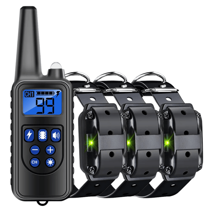 "Waterproof dog training collar with remote, adjustable fit, black color, suitable for pets, features buttons for control."