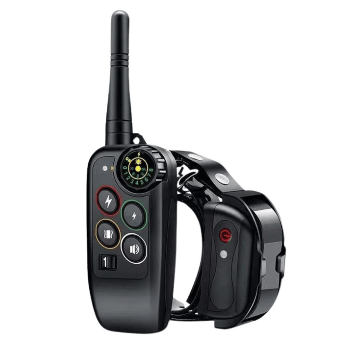 Waterproof dog training e-collar with remote control, 1000m range, adjustable modes, durable for all breeds in any weather.