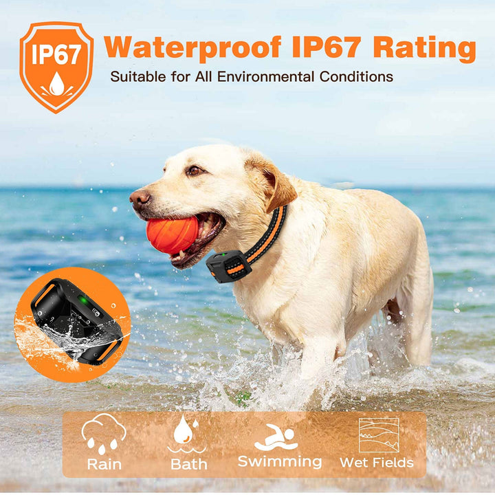 "Waterproof electronic dog training collar with 3300ft remote, featuring durable design and adjustable fit for all breeds."