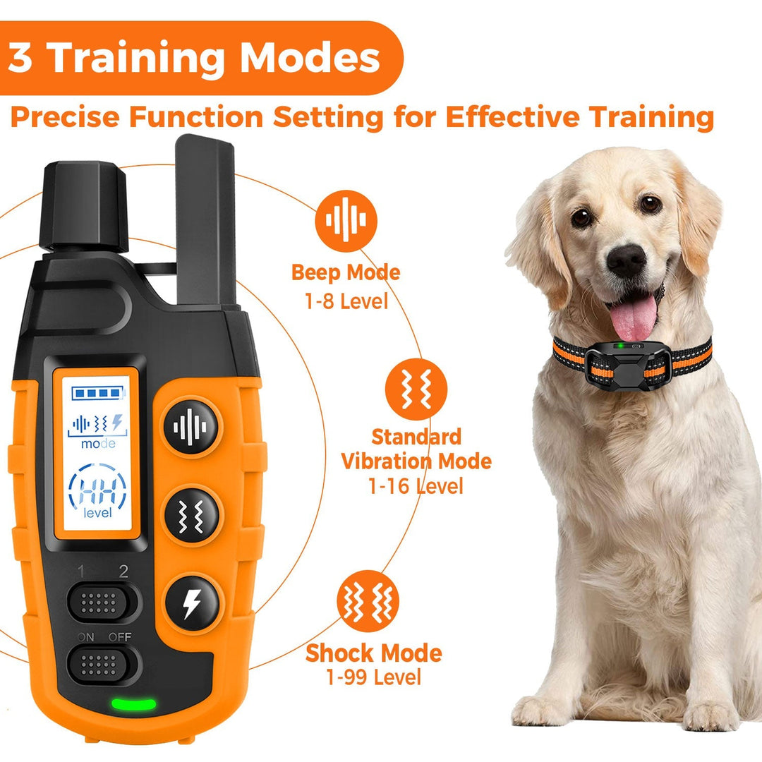 "Waterproof electronic dog training collar with 3300ft remote, featuring durable design and adjustable fit for all breeds."