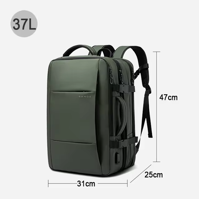 "Waterproof expandable travel backpack in black, roomy design for men and women, ideal for versatile adventures."