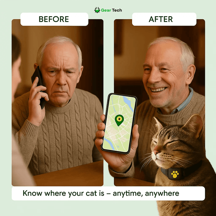 Waterproof GPS cat tracker with real-time location, white, attached to a collar, ideal for pet safety and comfort.